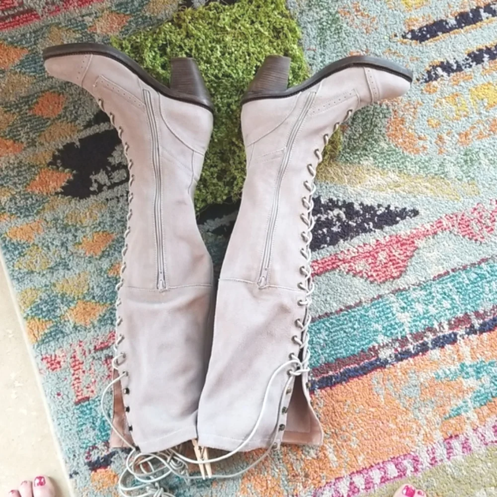 JEFFREY CAMPBELL FREE PEOPLE Over The Knee OTK JOE Grey Lace Up Heels Boots 8.5 - Picture 13 of 16